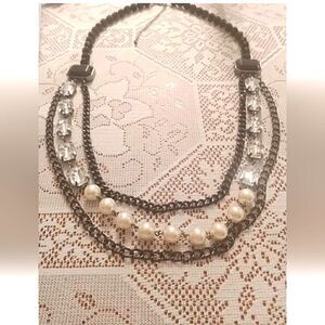 Vintage SAQ Layered Necklace Black Faceted Crystal Faux Pearl Gunmetal Grey